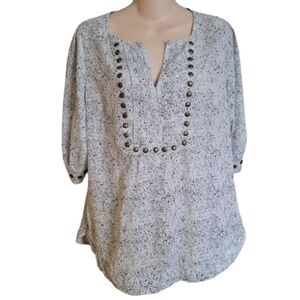 41 Hawthorn White Printed Studded ¼ Sleeve Split Neck Blouse Size Women Medium